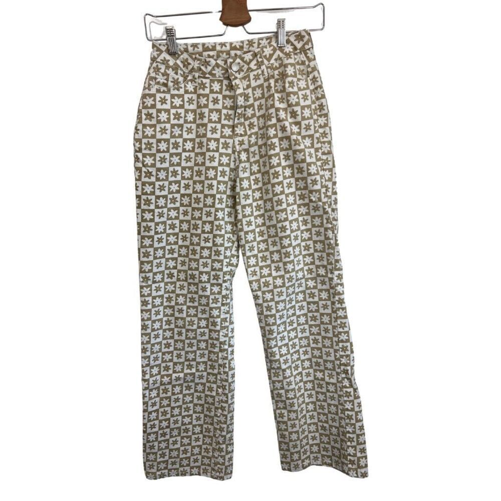 Baevely Wide Leg Pants Tan & White Retro Floral